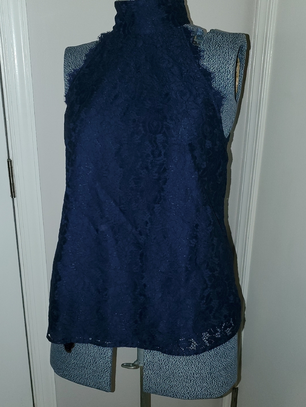 Diane Von Furstenberg Navy Lace High-Neck Sleeveless Top